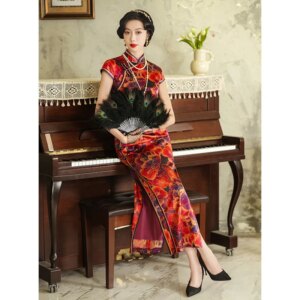 High Quality Dress Suzhou Improved Real Silk Red Cheongsam Summer Women’s Long 2024 Peony Flower