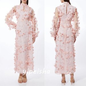 Customized Jersey Draped Pleat Applique Valentine’s Day A-line High Collar Bespoke Occasion Gown Midi Dresses