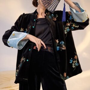 New Chinese style satin flower sequin shirt black temperament loose top