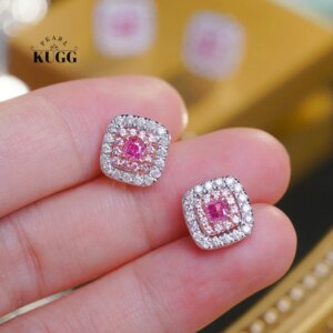KUGG 100% 18K White Gold Earrings 1.1carat Real Natural Pink Diamond Earrings for Women Luxury Square Design High Party Jewelry