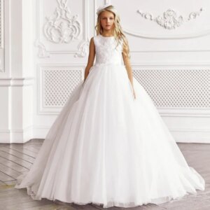 Flower Girl Dresses Birthday Party Prom Banquet Princess Gowns White Embroidery Appliques With Trailing Sleeveless For Wedding