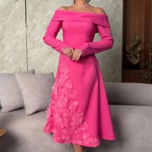 Customized فساتين سهره فخمة 2025 Off-The-Shoulder Neckline Ankle-Length Prom Dresses Flowers Zipper Up Long Sleeves Luxury