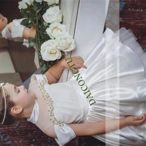 CustomizedPink Princess Flower Girl Dress with Detachable Train | Tiered Tulle & Satin Ball Gown for Weddings & Birthday Banquet