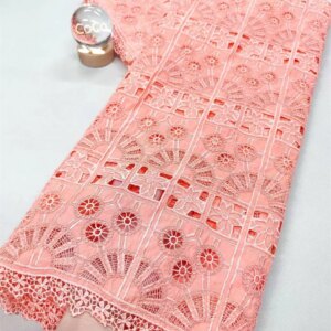 Peach African chiffon cotton lace fabric 2025 high quality beads embroidery nigerian wedding for african wedding party