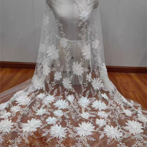 Ornate Sequined Flowers Lace Heavy Beaded Fabric Floral Pattern Lace Fabric for Wedding Dress