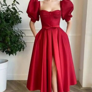 Customized Luxury Satin A-Line Buttons And Bow Evening Dresses Strapless Half Sleeves Red Special Occasion Gowns Class