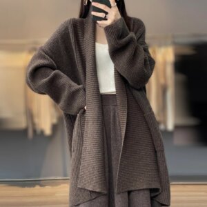 100% Pure Cashmere Coat for Women, Autumn/Winter, Mid-Length, Loose Fit, Thickened, Long Sleeve, Outerwear,igan Sweater