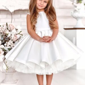 Flower Girl Dresses Pageant Dresses For Girls White Satin With Bow Sleeveless For Wedding Birthday Party Banquet Princess Gowns