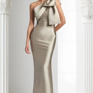 Customized One-Shoulder Sleeveless Bow Satin Slit Mermaid Evening Dresses For Women Sweep Train 2025 Prom Dresses Party Dress
