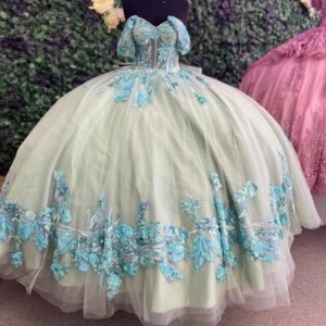 Light Green Off Shoulder Appliqué Lace Beads Sweep Tull Quinceanera Dress Sweet 16 Vestidos De 15 Anos Tull Ball Gown