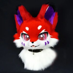 Red Furuit Long-haired Cat and Fox Mascot Head Party Halloween Fur Role Play
