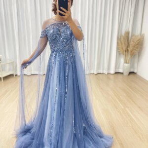 MYMB new Luxury Blue Beaded Muslim Modest Long Sleeves Evening Dresses Wedding Dress Party Gowns For Women Customized MB40300