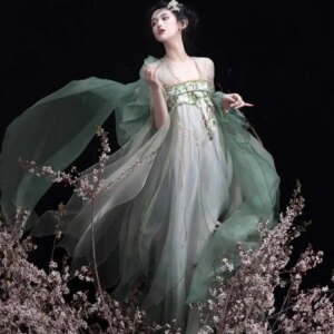 Hanfu Female Women Tang System Petal Sleeves Piaopian Skirt Thin Cloak Cos Cosplay Green Petal Top Shirt Draped In Silk Cloak