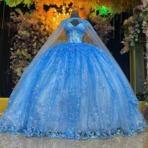 Sky Blue Shiny Off Shoulder Quinceanera Dresses Sequin Applique Lace Beads Tull With Cape Party Birthday Sweet 16 Dress Vestidos