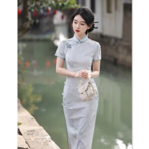 Elastic Mesh Long Short Sleeve Robe Qi Pao Spring and Summer New Retro National Style Young Girl Daily Cheongsam Skirt