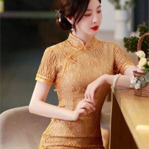 Ladies long slim-fit silk cheongsam runway banquet dress lace