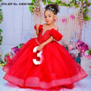 EVLAST Customized Red Kids Birthday Flower Girl Dress Sheer Neck Pleated Ruffles Tiered Ball Gowns for Wedding Pageant Gown FD02
