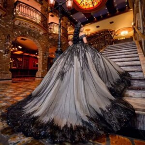 Customized Shiny black Off Shoulder Quinceanera Dress crystal sequin applique Tull Lace Long tail vestidos de 15 Quinceanera