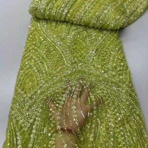 Luxury 2025 High Quality French Tulle Net Sequins Lace Fabric African Beaded Lace Fabric 5 Yards For Nigeria Wedding Party Dress