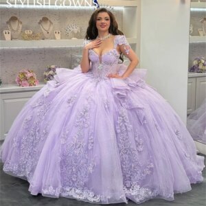 Customized Lavender Quinceanera Dress Ball Gown Floral Applique Beading Glitter Corset Sweet 16 Vestido De 15 Anos Robe De Bal