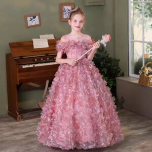 Jill Wish Elegant Dusty Pink Girl Dress Flowers Off Shoulder Princess Children Wedding Birthday Party Pageant Holiday Gown J160