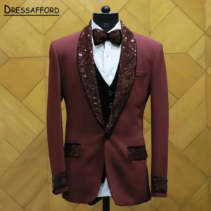 Dark Red Sequined Beading Men’s Suits Fashion 2 Pieces Sets Groom Prom Blazers Decoration Tuxedos Men