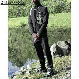 Black Men Suits Two Pieces Crystal Cross Evening Party Blazer Groom Wear ( Jacket + Pants )
