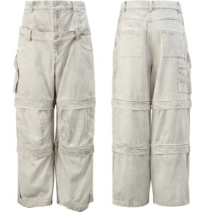 Distressed Inkjet Washing Craft Double Waist Head Denim Pants Men’s Trendy Loose Wide Leg Multi-Pocket Straight Trousers