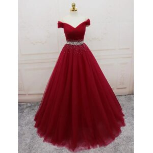 Burgundy Evening Dresses Off the Shoulder Prom Dresses Shining Beaded Waistline Lace-up Back Party Dresses Red, Dark Navy, Blue