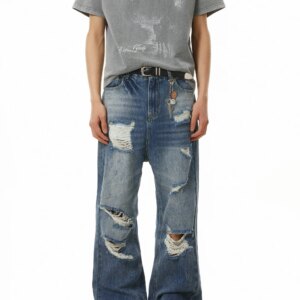American High Street Erosion Ripped Skinny Jeans Niche Retro Loose Trousers