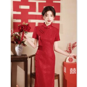 Red Lace Long Short Sleeve Robe Qi Pao Spring and Summer New Fashion Improvement Bride Dress Wedding Banquet Back Home Cheongsam