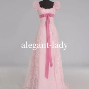 18th Century Mid Century PromDress Pink Fantasy Square Neck Lace Bubble Short Sleeve Tie Bow Tie Long Custom Masquerade Dresses