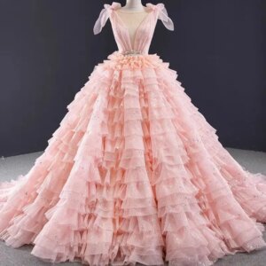 Pink Evening dress, pleated v-col dress
