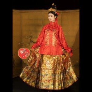 Ming Dynasty Gold Dark Phoenix Pattern Standard Hanfu Tops + Skirt Standing Collar Short Coat Wedding Red Outerwear Suits CT015