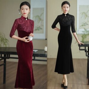 Solid Color Velvet Long Patchwork Three-Quarter Sleeve Fishtail Cheongsam Qi Pao Winter New Improved Chinese