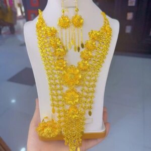 Dubai Middle East 24K Gold Plated Necklace Earrings Ring Romantic Wedding Party Gift Jewelry Set for Lovers YY10566