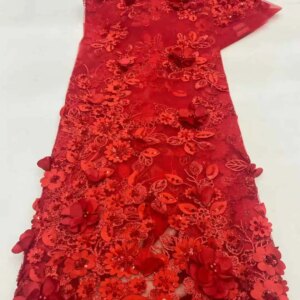 Red African 3D Flower Lace Fabric 2025 Nigerian Sequins Groom Lace Tulle Fabric Wedding Party Dress Sewing High Quality 5 Yards
