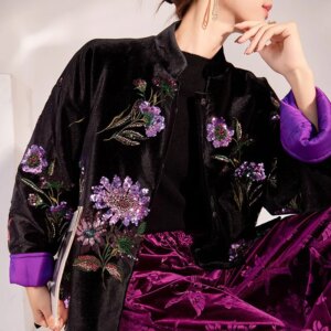 New style Chinese embroidered sequin coat temperament colorful flower cotton
