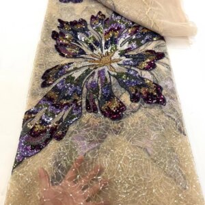 Latest Gold African Sequins Lace Fabric 2025 High Quality Lace Embroidery Beaded Mesh Fabric 5 Yards For Women Wedding Dr A901-1