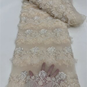 2025 New African French Nigerian High End Lace Fabric 3D With Beads Sequins Mesh for Embroidery Wedding Party Bride Sewing Dress