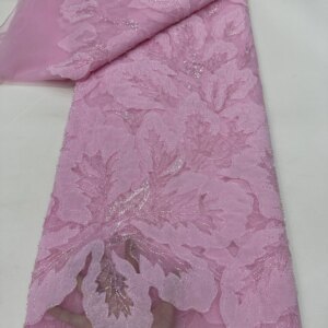 Pink African Beaded Net Mesh Lace Fabric 2025 Beads Embroidery Sequins French Tulle Mesh Lace for Nigerian Wedding Party Dress