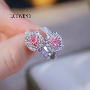 LUOWEND 100% 18K White Gold Rings Real Natural Pink Diamond Engagement Ring Elegant Square Shape High Wedding Jewelry for Women