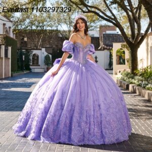 EVLAST Customized Lilac Quinceanera Dress Ball Gown Lace Applique Beaded Bow Corset Mexican Sweet 16 Vestidos De 15 Años TQD859