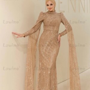 Glitter Sequined Champagne Evening Dress Arabic Dubai Long Mermaid Prom Dresses 2025 Customized Cape Sleeves Muslim Party Gowns