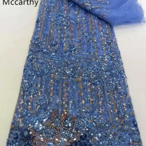 2025 High Quality African Nigerian Tulle Laces Fabric Sequins Embroidery French Lace For Wedding Party Dress Heavy Beads 5 Yards