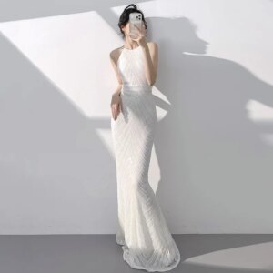 SOILFOIL  Women’s evening dress 2024 new white fishtail sequins high-end hanging neck dress  party dresses women evening