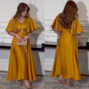 Customized Evening Prom Satin Beading Formal A-line V-neck Bespoke Occasion Gown Midi es Saudi Arabia