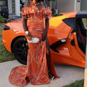 African Orange Mermaid Celebrity Dresses Customized Off Shoulder Beading Tassel Party Evening Dress For Wedding Robes De Soiree