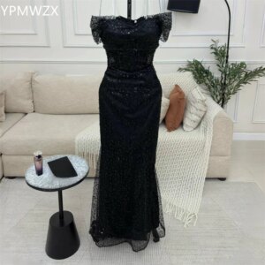 Customized Evening Dress Formal Women Party Occasion YPMWZX Off-the-shoulder Mermaid Floor Length Skirts Sequin Layered Tulle Be