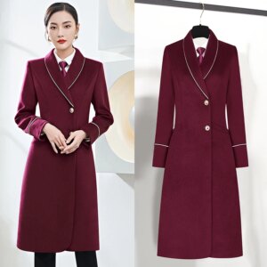 Occupation Woolen Coat Women’s Winter Cotton Long Flight Attendant Uniform Airline Property Front Desk Stewardess Work Overcoat